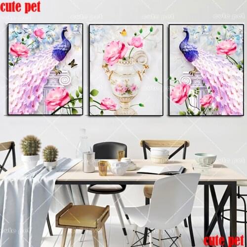 5D Decor Diamond Painting Blue peacock flowers Diamond Mosaic Sale Rhinestones Cross Stitch Diamond Embroidery Full Display 3PCS