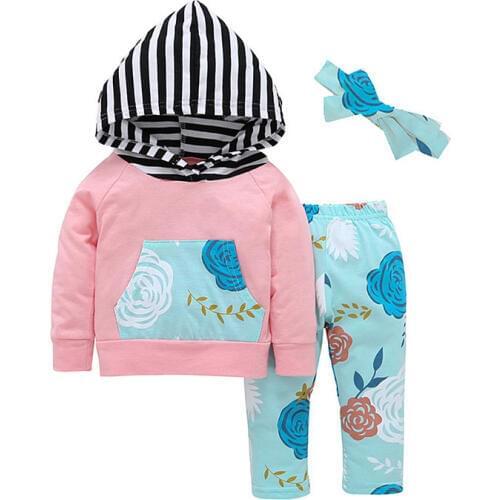 0-3 Years 3 Pcs Baby Cotton Spring Autumn Clothes Girls Hooded Top+Pants+Headband Outfits Cute Clothing Mobile Phone Straps