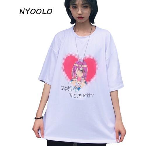 NYOOLO Funny Heart Childlike pink cartoon girl Japanese letters print tee shirt Summer loose short sleeve T-shirt women tops