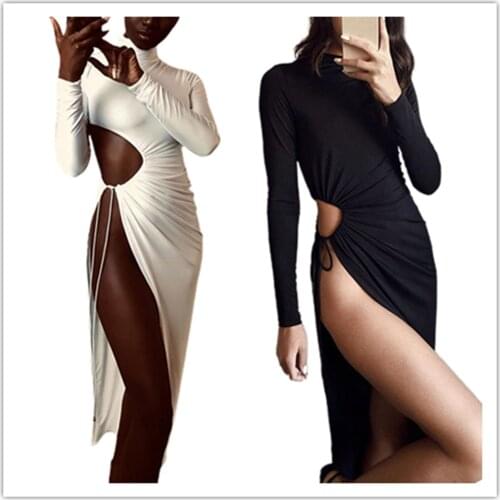 FY Womens Wrapped Dress High-Neck Midi Long Sleeves Girl Pleated Tight Lace-up Split Hem Hollow Clothes Vestiti Donna