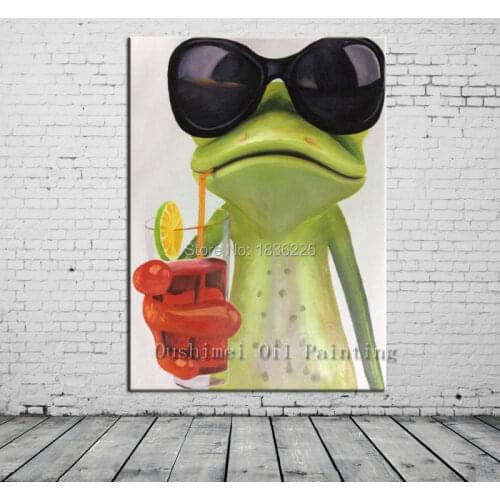 2019 New Art 100% Handmade Realistically Animal Oil Painting for Living Room Decor A Frog Drinking Wall Painting