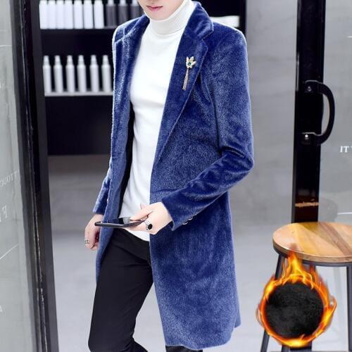 Korean Slim Fit Fleece Liner Warm Mens Trench Coats Long Sleeve Single Breasted Fashion Faux Mink Fur Male Medium Length Coats