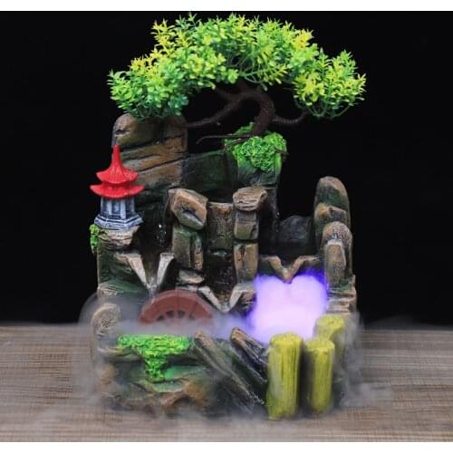 Creative Indoor Resin Rockery Waterfall Statue FengShui Led Water Fountain Home Garden Simulation Mountain Crafts Air Humidifier