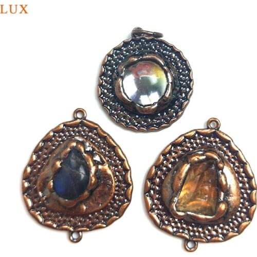 Round Teardrop Shape Pendant Bronze Plated Oval Clear Quartz Kyanite Citrine Gemstone Fashion Pendants For Necklace Jewelry Set