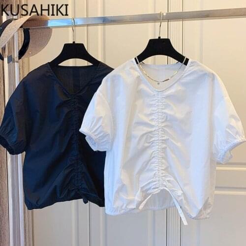 KUSAHIKI Korean Drawstring V-neck Women Blouses Causal Puff Short Sleeve Top Shirts 2021 Summer New Solid Blusas De Mujer 6H623