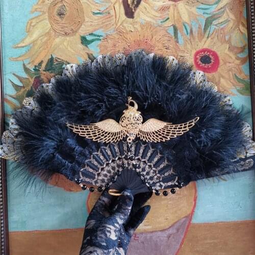 Lolita Cosplay KC Hand Held Fan Gothic Angel Wing Feather Rose Bead Chain Lace Black Folding Fan Dance Wedding Party Decoration