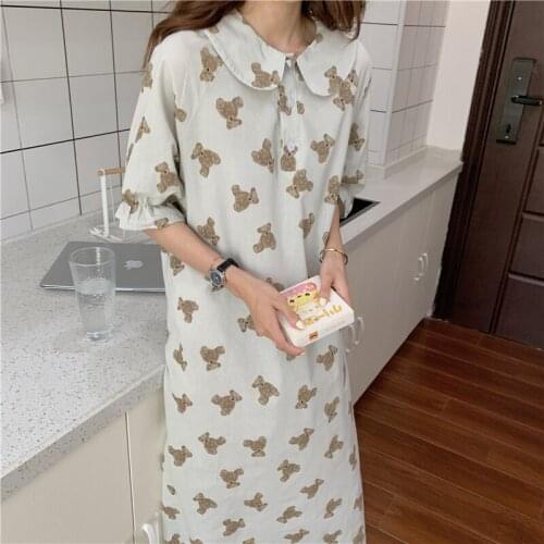 Kawaii Bear Summer Nightgown Korean Soft Cotton Long Sleepwear Short Sleeve Ruffles Nightdress Buttons Homewear Cartoon Print