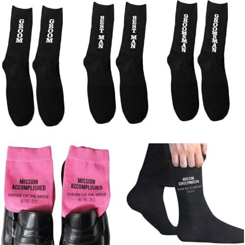 Wedding Black Letter Print Socks Men Groom Best Man Groomsman Letter Socks Combed Cotton Dress Socks Wedding Party Socks