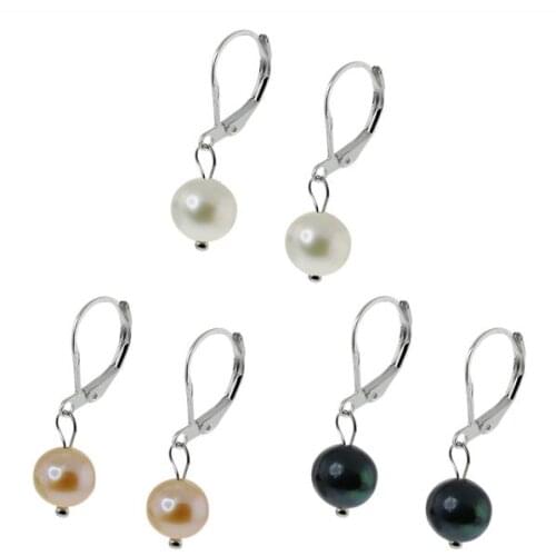 New Arrival Favorite Pearl Earrings 9mm White Pink Black Genuine Freshwater Pearls Silver Lever Back Dangle Earring Fine Jewelry