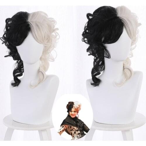 Cruella Wig CRUELLA de Vil Short Black White Ms. Spot Hair Deville Dalmations Heat Resistant Cosplay Costume Wigs + Wig Cap