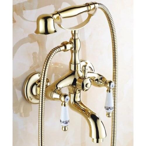 Luxury Gold Color Brass Wall Mount Bathroom Tub Faucet Set WITH/ 150CM Handheld Shower Spray Head Mixer Tap Dtf080