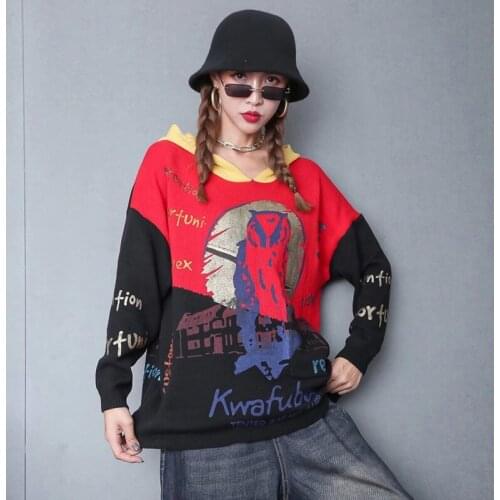 Hop Hip Style Hit Color Letter Bronzing Print Sweater Women Clothes Fashion Hoodie Full Sleeve Match All Loose Sweaters