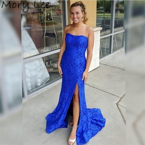 Royal Blue Evening Dresses Sweetheart Side Slit Lace Mermaid Evening Dresses With Zipper Back vestidos de fiesta de noche
