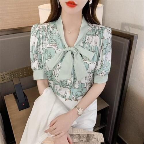 Single Breasted Shirt Hubble-Bubble Short Sleeve Cartoons Printing Female 2021 Summer New Korean Ribbon Bowknot Ink Temperament