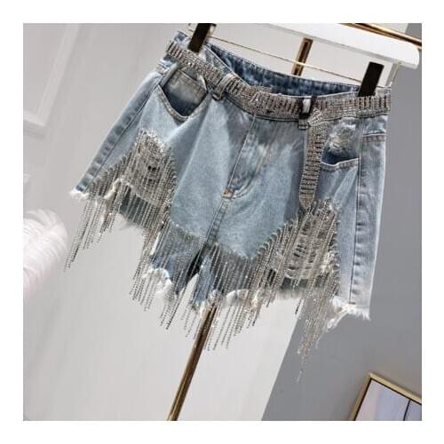 Rhinestone tassel high waist a-line denim shorts women 2020 summer new heavy industry fashion wide leg jeans shorts