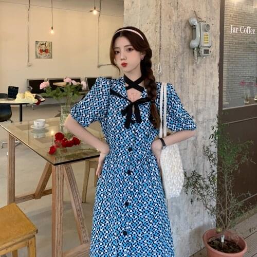 Free Shipping New Fashion Women Break Floral Dress Bow Sweet Temperament Bubble Sleeve Skirtfrenchshot Real
