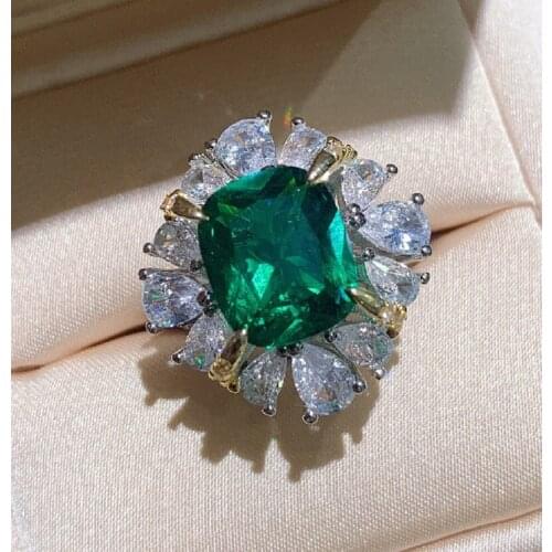 QTT Big Square Emerald Tourmaline Gemstone Ring For Women 925 Sterling Silver Vintage Ring Wedding Engagement Party Jewelry Gift