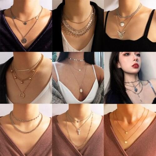 Tocona New Trendy Map Heart Pendant Necklace for Women Multi-layer Butterfly Geometry Chain Choker Adjustable Jewelry Collar