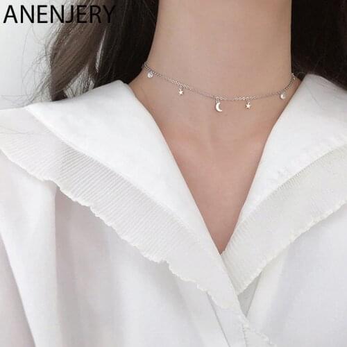 Evimi 925 Sterling Silver Moon Star Zircon Pendant Necklace for Women Simple Short Choker Popular Student Accessories