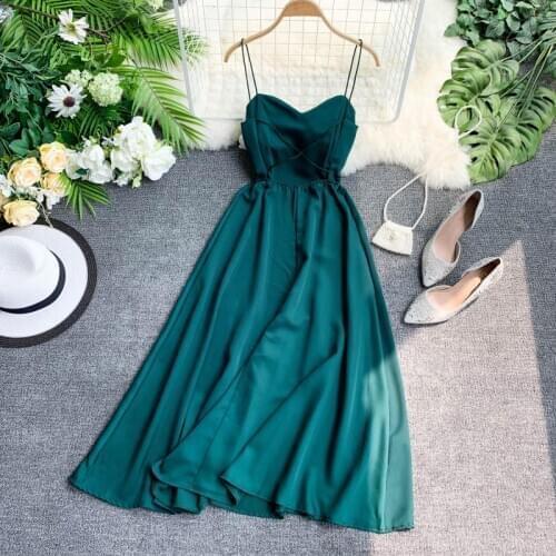 Summer 2020 Runway Designer Women Midi Dress Elegant Green White Red Pink Black Spaghetti Strap Dress Sexy V Neck Club Vestido