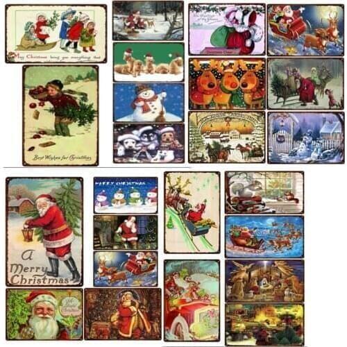 Lively and Happy Christmas Metal Tin Sign Santa Elk Snowman and Tree Vintage Metal Poster for Bar Pub Club Room Christmas Decor