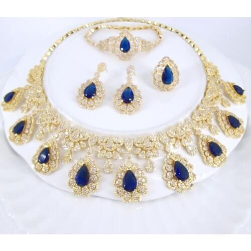 2021 new fashion retro blue CZ zircon Golden necklace earring bracelet ring wedding bridal banquet dinner dressing jewelry set