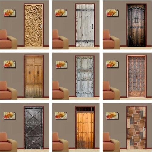 3D Retro Wooden Door Sticker Self-Adhesive Room Decoration Decal Home Design Iron Door Cover Wallpaper Vinyl Deurstickers Poster