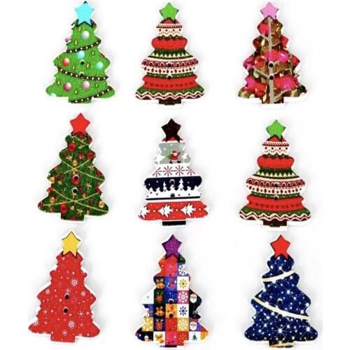 50Pcs Mixed Random Christmas Tree Shape 2 Holes Wooden Buttons for Sewing Crafts DIY Projects