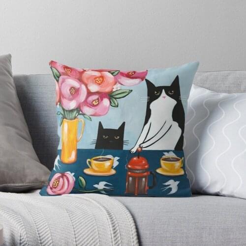French Press Coffee Cats Polyester Decor Pillow Case Home Cushion Cover 45*45cm
