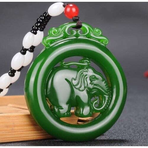 Chinese Green Jade Hollow-out Elephant Pendant Necklace Charm Jewellery Fashion Accessories Hand-Carved Man Woman Luck Amulet