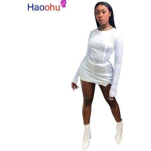 Two Piece Skirt Set For Women Patchwork Long Sleeve T-shirt Tops And Bodycon Mini Skirts Suits Autumn Night Club Sexy Outfits