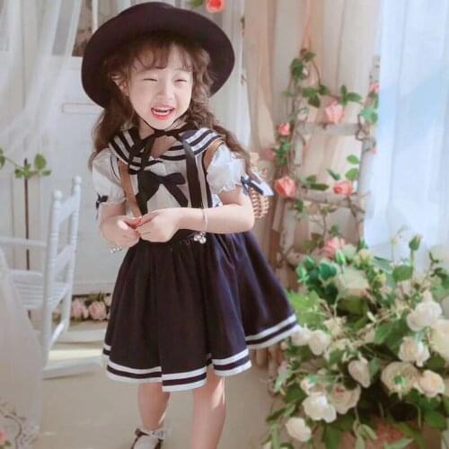 2PCS Summer Cute Rabbit Ears Navy Style Short Sleeve Bow Causal Ball Gown Dress For Baby Girls For Birthday Gift Party Easter