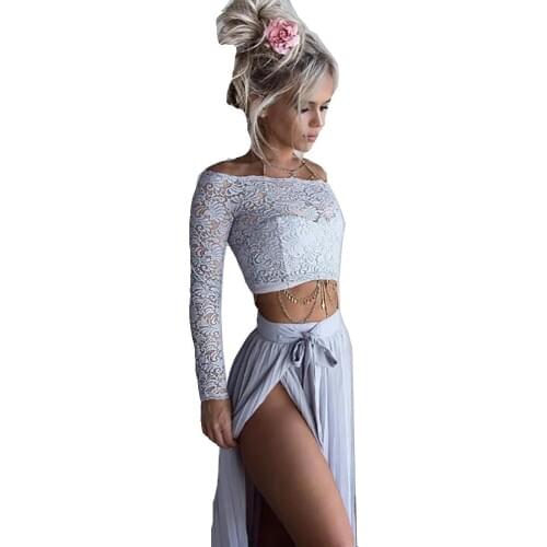 Summer explosion models European and American lace long-sleeved two-piece chiffon dress with high split and wrinkled dress