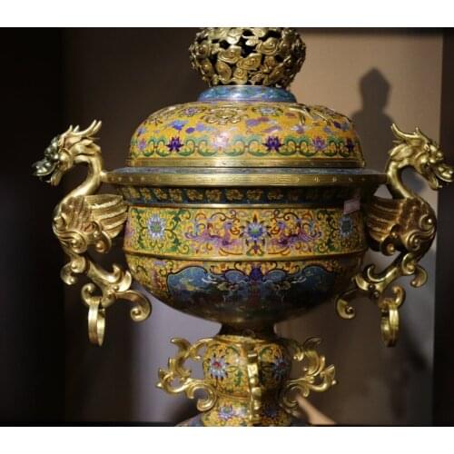 35" China Bronze Cloisonne 24K Gold Dragon Phoenix Buddha Incense Burner Censer