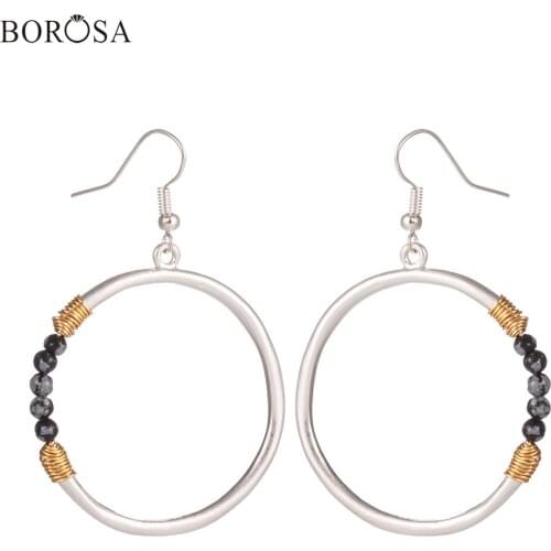 Trendy Silver Color Metal Dangle Earrings Women Circle Handmade Natural Stone Beads Hoop Earrings 2020 New Summer Jewelry WX1665