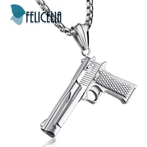 Felicelia Mens Stainless Steel Gun Design Pendant Necklace Black Silver Gold Color Fashion Hip Hop Necklace For Men Jewelry