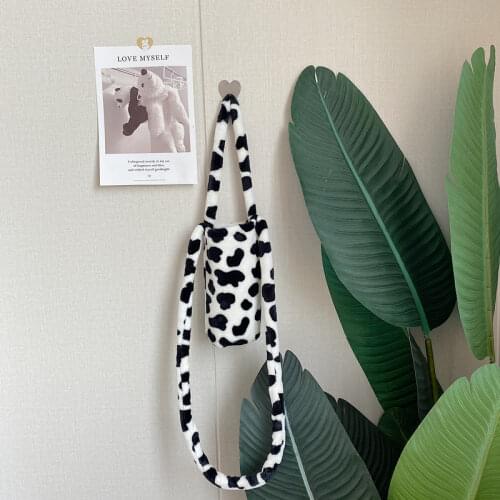 Soft Plush Women Bottle Bucket Bags Cute Cow Pattern Ladies Small Purse Handbags Fashion Smiley Girls Water Cup Shoulder Bag