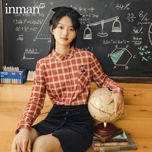 INMAN Autumn Winter Shirt Retro Hong Kong Style Lapel Embroidered Long-sleeved Plaid Cotton Blouse