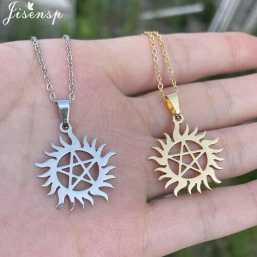 Stainless Steel Shining Sun Pentagram Pendant Necklace Supernatural Dean Statement Long Chain Necklaces Jewelry Women Men 2021
