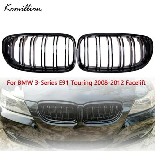 1Pair Car Front Racing Grilles Gloss Black Double Lines Grills for BMW 3-Series E91 Touring 2008 2009 2010 2011 2012 Facelift