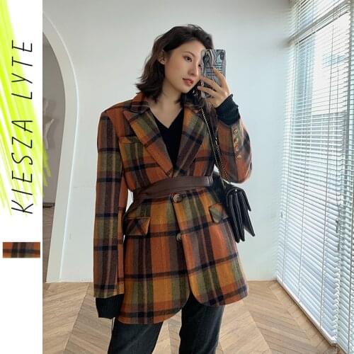 Winter Women Woolen Plaid Blazer Retro Vintage Brown Color Checked Slim With Belt Ladies Tweed Jacket Female Wool Coat