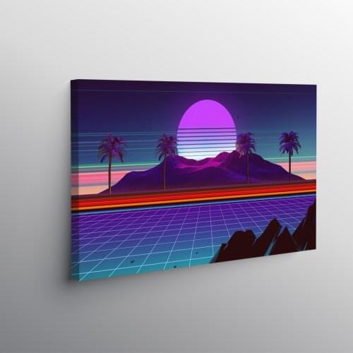 Synthwave scenery mountain palm trees Poster Framed Wooden Frame Canvas Painting Wall Art Decor Study Home Decoration Prints