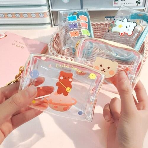 Cute bear ins cartoon transparent coin purse girl heart transparent zipper money bag waterproof portable mini storage bag