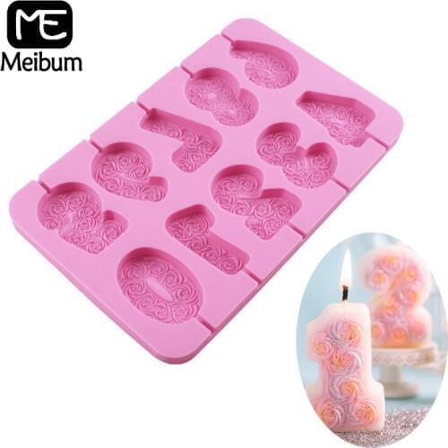 Meibum Rose Numerals Lollipop Molds Chocolate Candy Bar Candle Silicone Mold Birthday Cake Topper Decorating Baking Tools