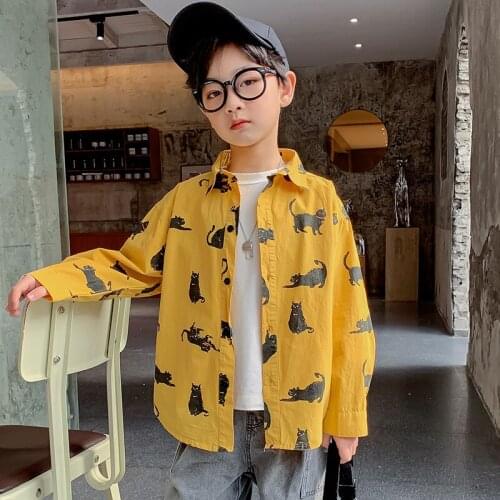 Spring Autumn Boys Yellow Shirts Boy Kids Cotton Shirt Casua Cartoon Blouses Turn-down Collar Tops 2 Colors Teen Boys Clothes