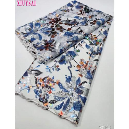 XIUYSAI Velvet Lace Fabrics Nigerian Stones Lace Fabrics African Tulle Lace Sequins Lace Fabric for Wedding Dress S324