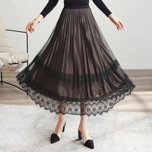 Two-sided Lace Stitching Mesh Pleated Half-length Skirt 2021 Women Korean Elegant High Waist Mid-length A-line Skirts Streetwear
