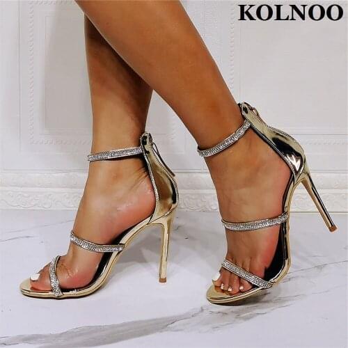 Kolnoo New Classic Ladies High Heeled Sandals Crystals Real Pictures Summer Party Prom Shoes Big Size 35-47 Fashion Gold Shoes