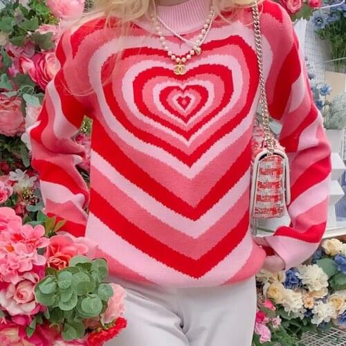 Women Fashion Pink Love Heart Print Sweater y2k E-Girls Casual Loose Long Sleeve O-neck Knitted Pullover Streetwear 2021