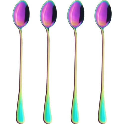 4Pcs Rainbow Long Handle Tea Spoons Juice Coffee Stirring Cutlery Set Stainless Steel Coffee Spoon Kitchen Hot Drinking Flatware